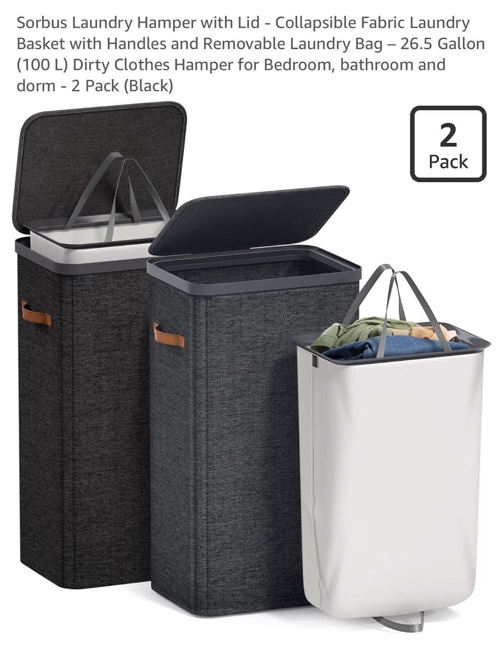 2 Black Sorbus Laundry Hamper with Lid - Collapsible Fabric Laundry Basket New